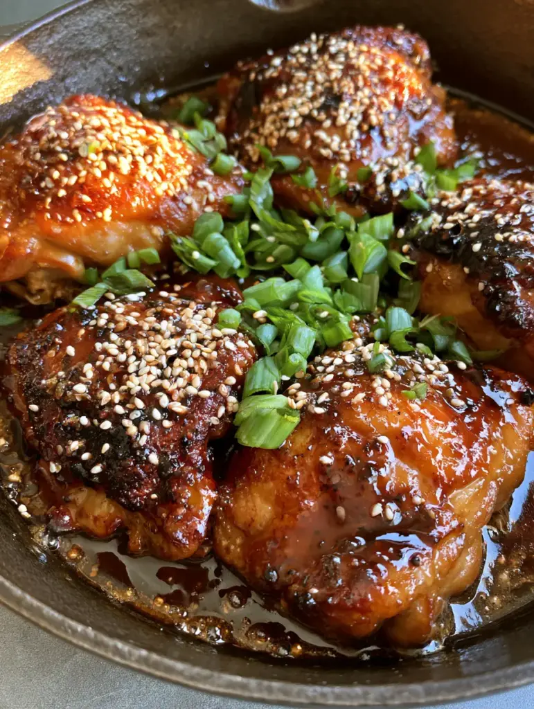 Handheld photo showing the crispy, deeply browned charred skin of Honey Garlic Chicken Thighs coated in syrupy dark sauce.