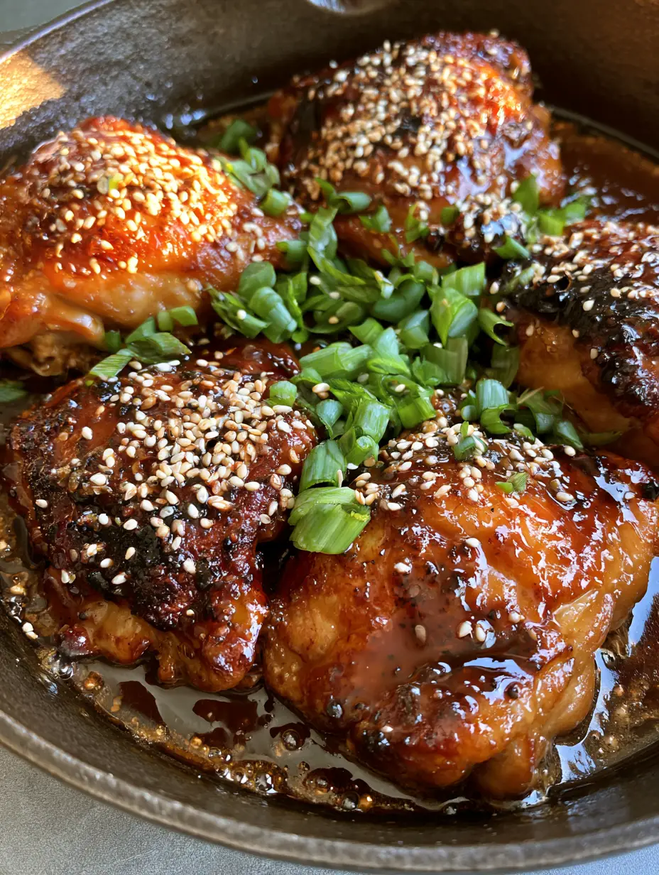 Handheld photo showing the crispy, deeply browned charred skin of Honey Garlic Chicken Thighs coated in syrupy dark sauce.