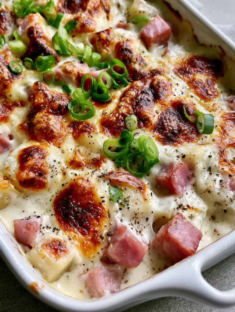 Ham and Potato Casserole being served from a white ceramic dish.