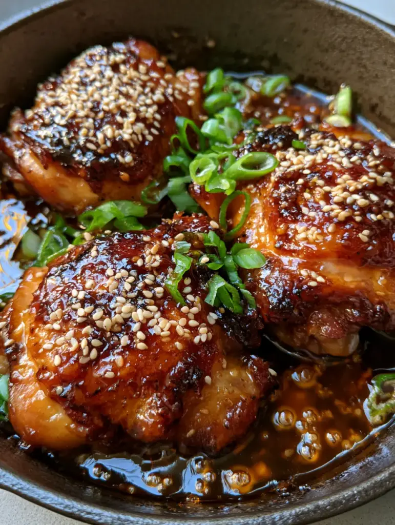Close up of sticky honey garlic sauce bubbling in a rustic dark pan around tender chicken thighs.
