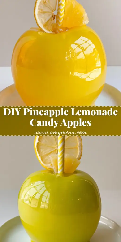 A professional gourmet Pineapple Lemonade Candy Apple with a glossy yellow shell, striped straw, and dried lemon garnish on a white plate.