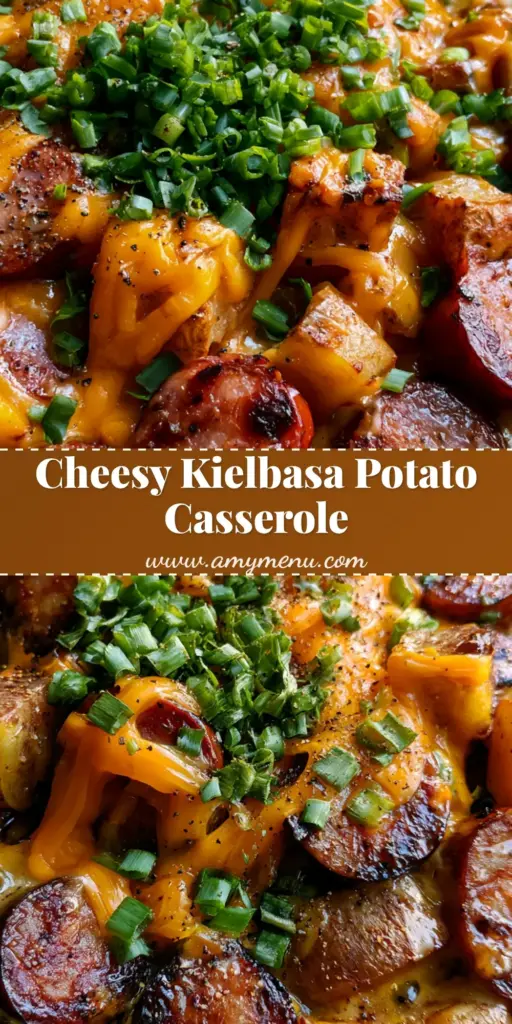 Kielbasa Potato Casserole with Smoky Seared Sausage and Sharp Cheddar 4 A high-angle photo of Kielbasa Potato Casserole with charred sausage slices and bubbling yellow cheddar cheese sauce in a rustic dish.