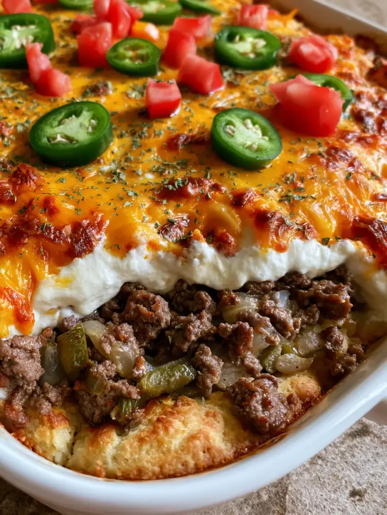 Overhead view of a John Wayne Casserole showing the vibrant red tomatoes and green jalapeño rings over toasted cheese.