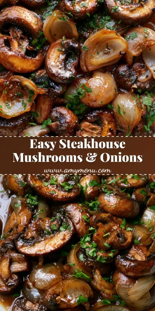 A close-up vertical shot of Steakhouse Mushrooms and Onions in a white skillet, featuring thick-sliced cremini mushrooms and caramelized onions in a glossy garlic butter glaze.