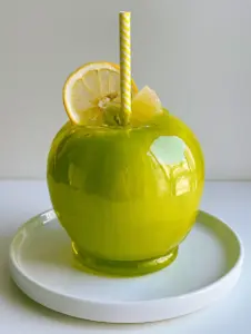 Close up of a single large Granny Smith apple coated in a thick, ultra-glossy bright yellow hard candy shell with a striped straw. (Pineapple Lemonade Candy Apples)