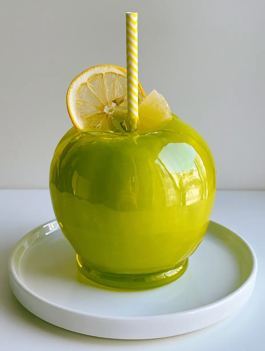 Close up of a single large Granny Smith apple coated in a thick, ultra-glossy bright yellow hard candy shell with a striped straw. (Pineapple Lemonade Candy Apples)