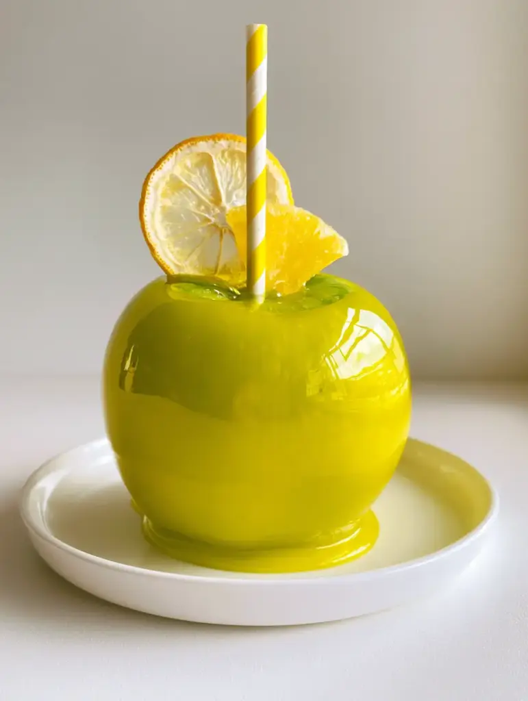 Pineapple Lemonade Candy Apples featuring a translucent yellow coating and gourmet fruit garnish on top.