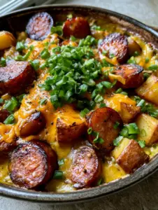 Close-up of Kielbasa Potato Casserole showing melted stringy orange cheddar and fresh green onions.