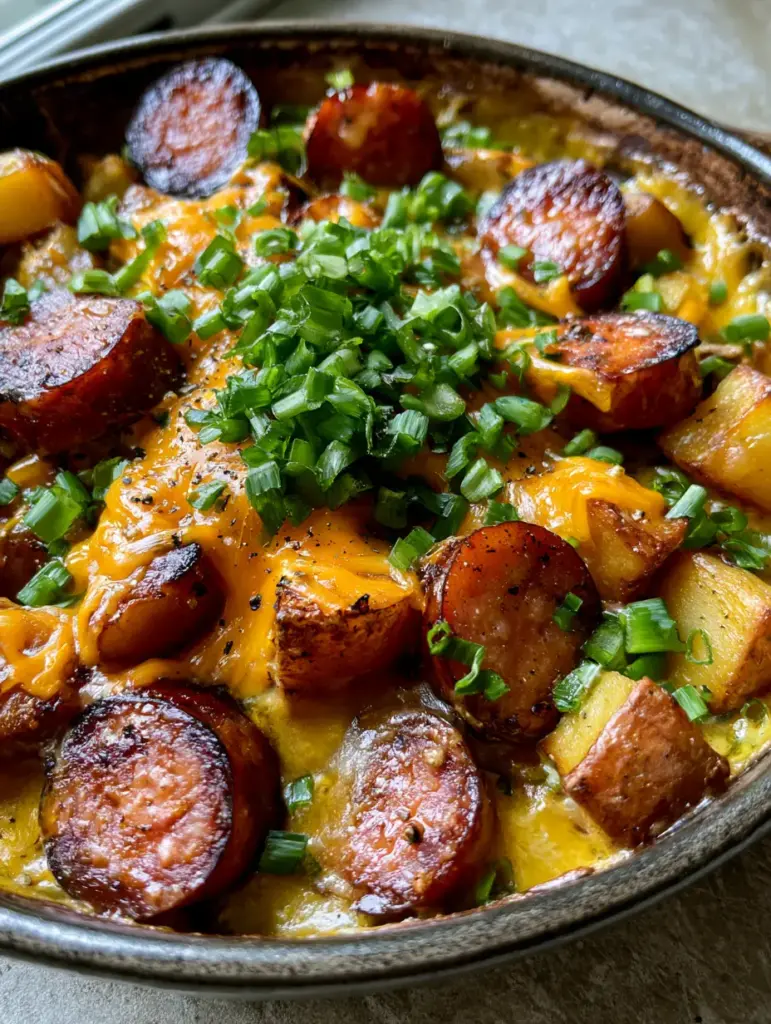 Close-up of Kielbasa Potato Casserole showing melted stringy orange cheddar and fresh green onions.