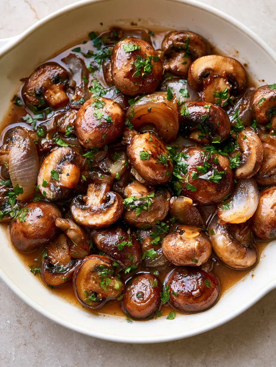 Top-down view of deeply browned Steakhouse Mushrooms and Onions in a white ceramic skillet on a grey stone surface.