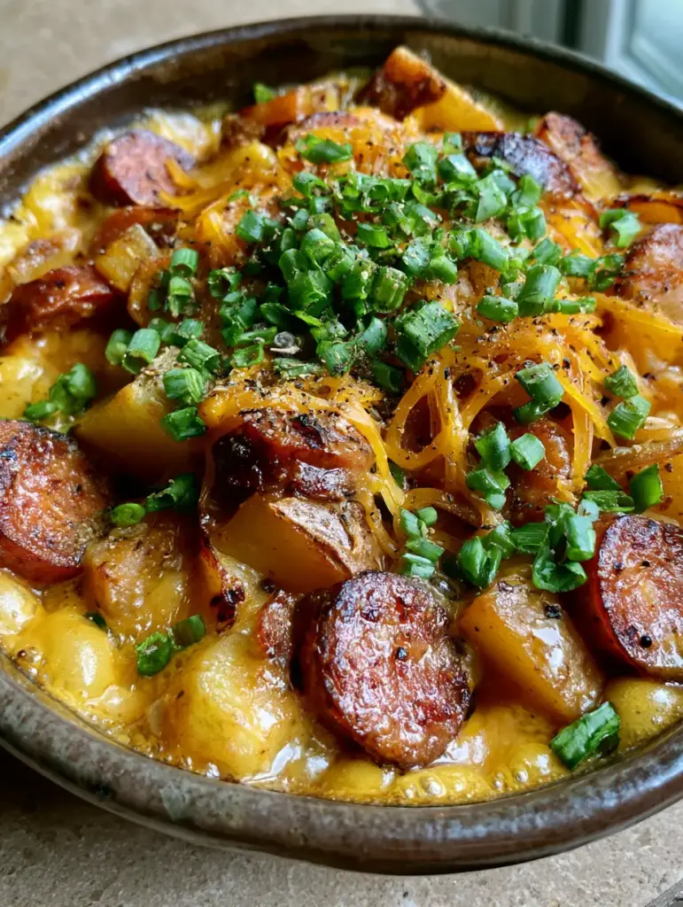 Kielbasa Potato Casserole with Smoky Seared Sausage and Sharp Cheddar 1 Serving of Kielbasa Potato Casserole in a dark rustic ceramic dish on a stone countertop.