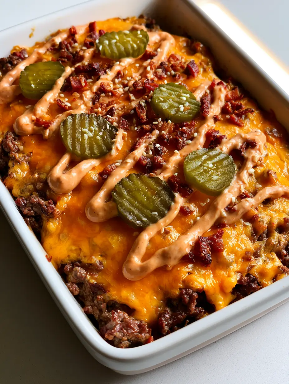 High-angle shot of Bacon Cheeseburger Casserole in a white ceramic dish with bubbly orange cheese and sesame seeds.