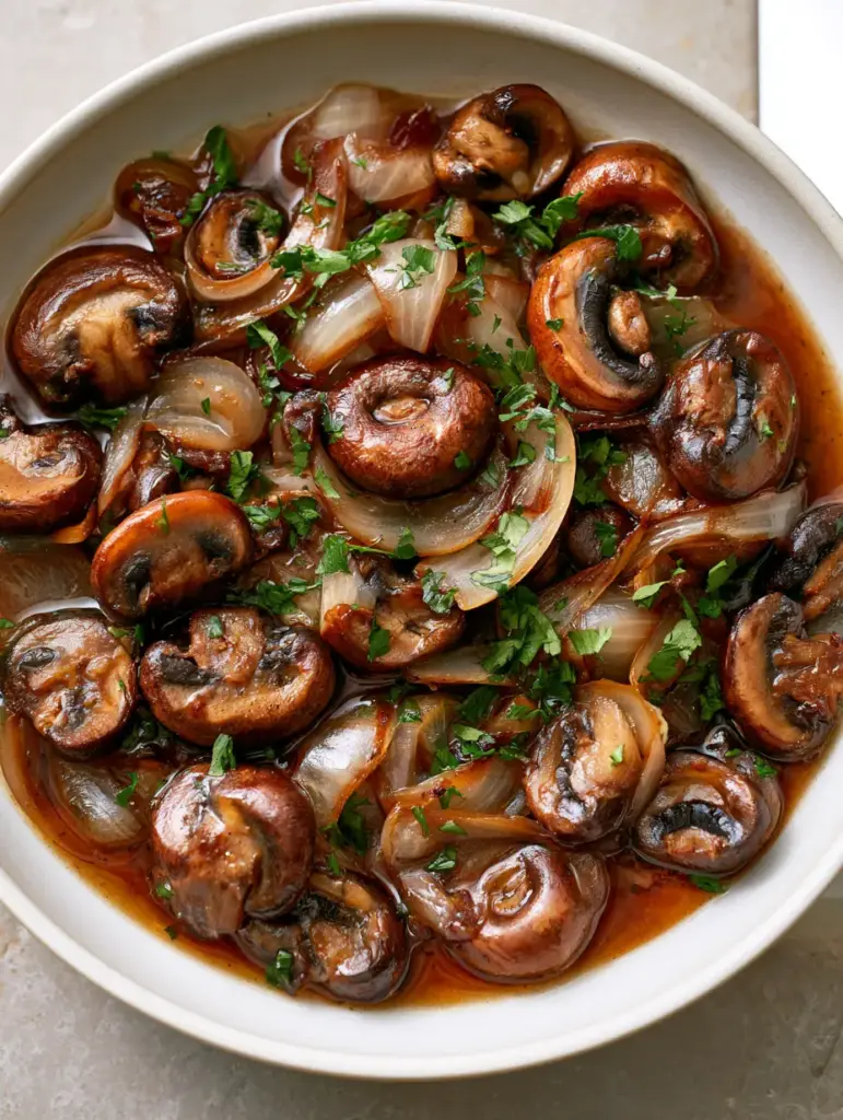 Close-up of the savory brown pan glaze coating sautéed mushrooms and onions garnished with fresh parsley.
