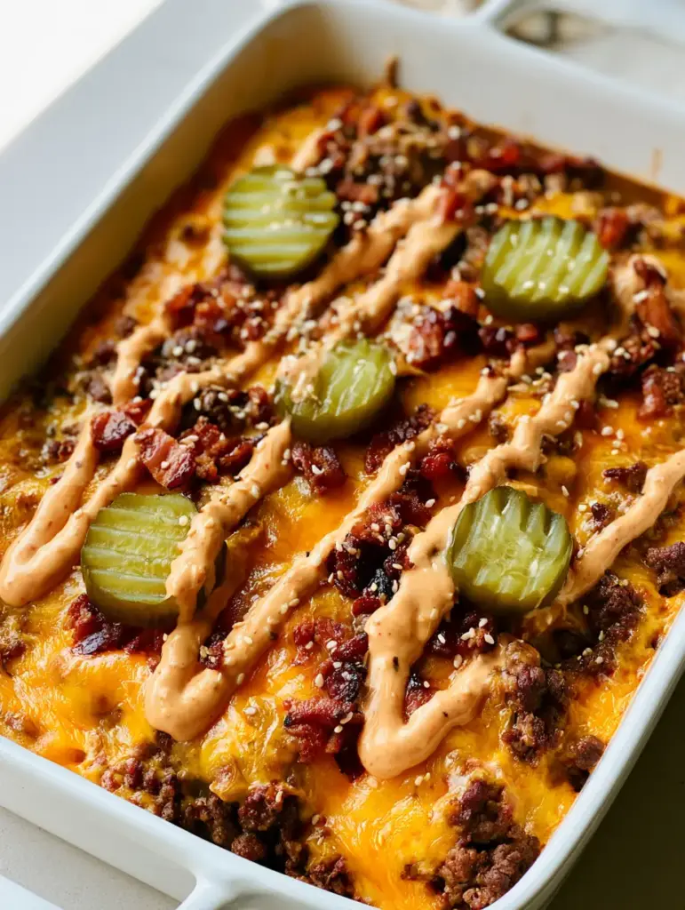 Close-up of the crinkle-cut pickles and creamy orange-pink burger sauce on top of the Bacon Cheeseburger Casserole.