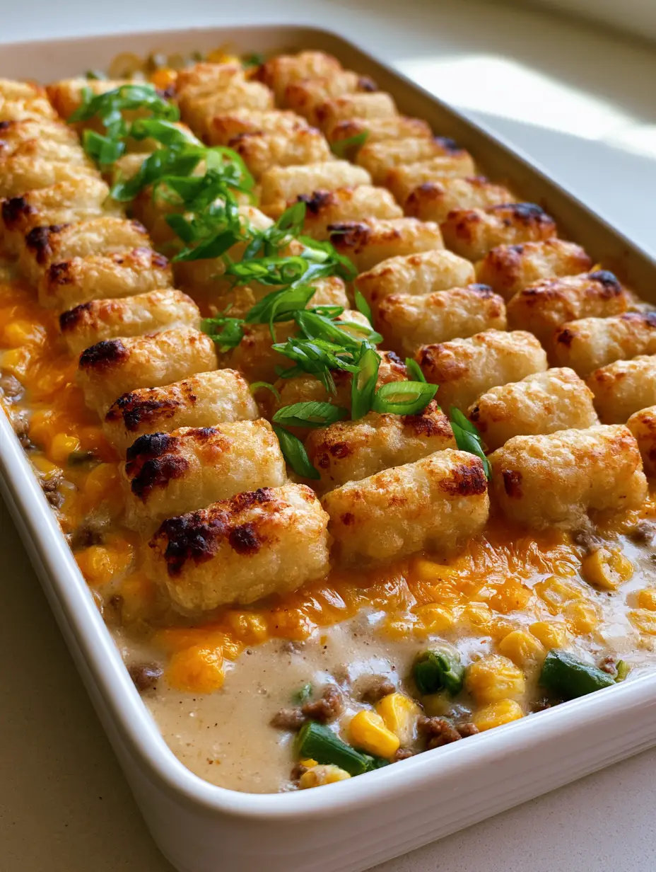 Tater Tot Casserole: The Ultimate Crispy and Cheesy Comfort Food 3 A close-up shot showing the layers of browned beef gravy, melted orange cheddar cheese, and crispy golden-brown tater tots.