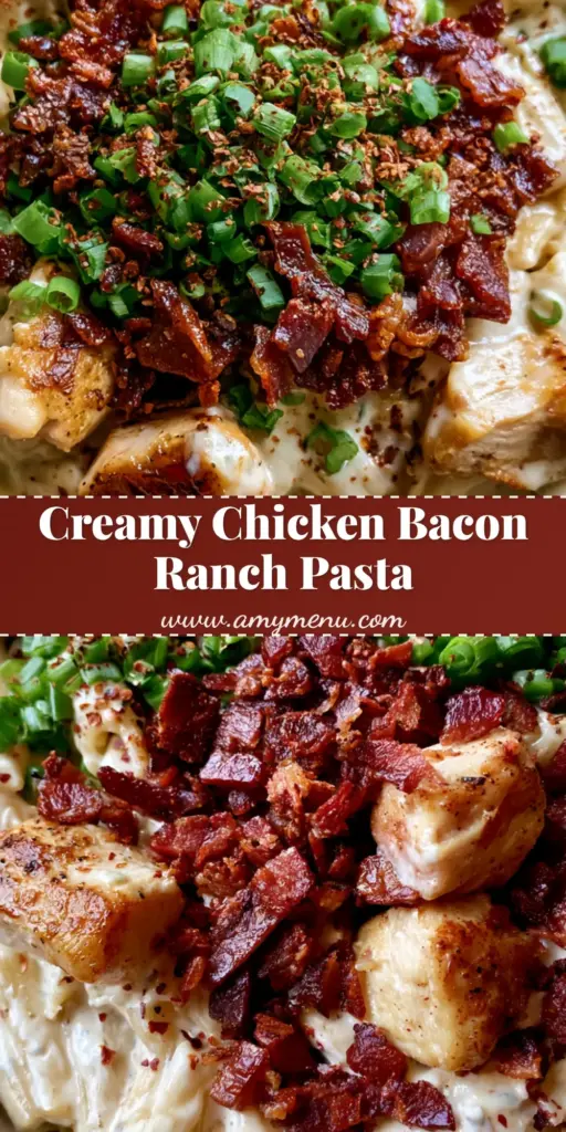 Chicken Bacon Ranch Pasta: The Ultimate Creamy Comfort Food Recipe 4 A ceramic bowl filled with creamy Chicken Bacon Ranch Pasta featuring al dente penne, golden-brown chicken, crispy bacon, and green scallions.