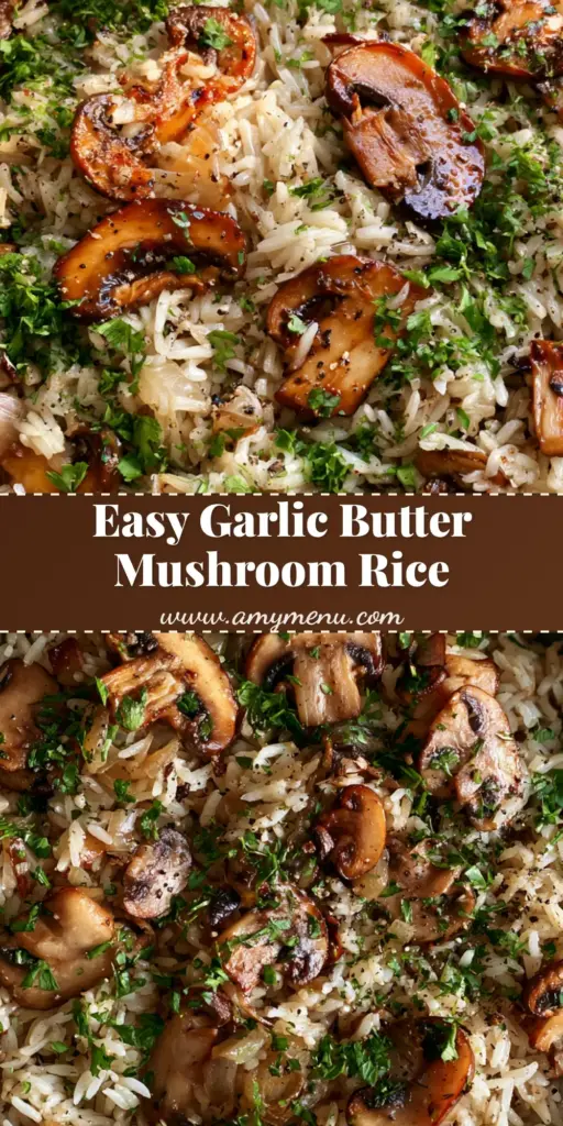 A vertical Pinterest-optimized shot of Mushroom Rice in a skillet, showcasing fluffy grains and golden-brown seared mushrooms.