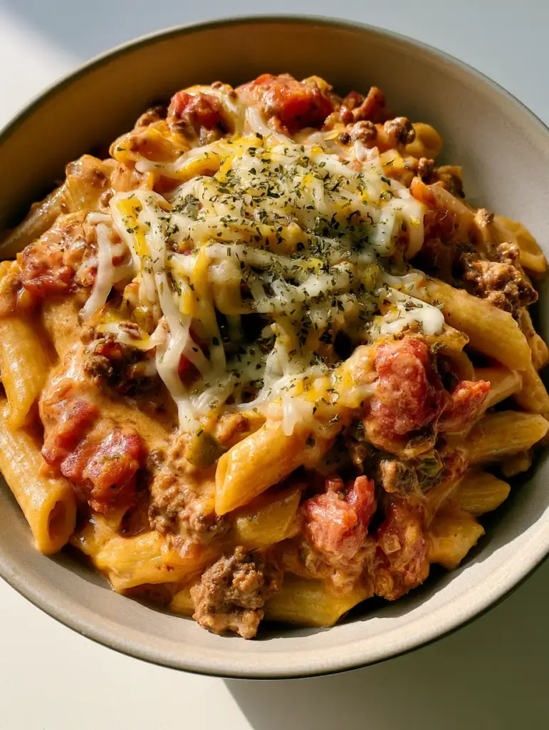 A close-up of melted shredded cheddar and monterey jack on top of Rotel Pasta Fiesta.