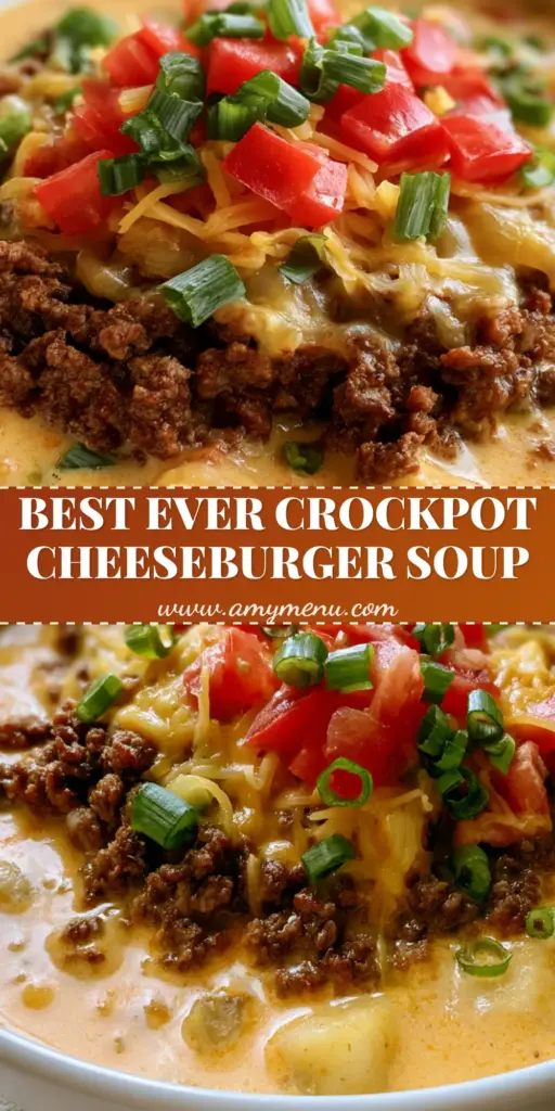 A close-up shot of Crockpot Cheeseburger Soup in a white bowl topped with ground beef, cheddar cheese, tomatoes, and green onions.