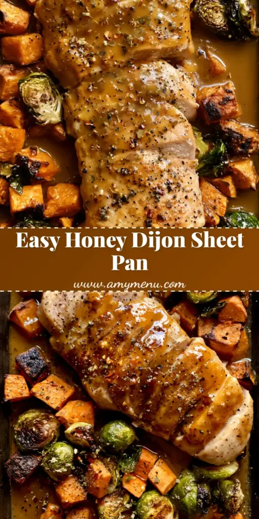 A dark metal sheet pan filled with sliced Sheet Pan Honey Dijon Chicken, charred Brussels sprouts, and caramelized sweet potatoes in soft daylight.