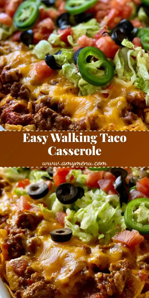 Walking Taco Casserole Recipe: The Ultimate Crunchy Family Dinner 4 A Pinterest-style vertical photo of a Walking Taco Casserole featuring thick layers of Fritos, seasoned beef, melted cheddar, and fresh jalapenos in a white dish.