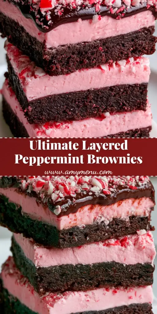Layered Peppermint Brownies with Pink Cream Frosting and Glossy Ganache 4 A stack of three thick Layered Peppermint Brownies showing dark chocolate, pink cream, and ganache layers garnished with candy canes.