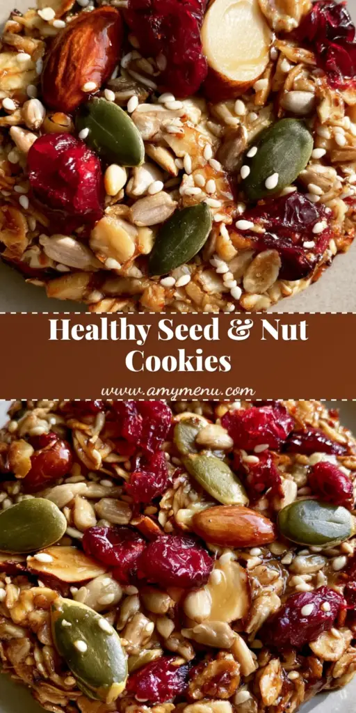 Healthy Seed Cookies: The Ultimate Crunchy Energy Snack 4 A close-up vertical shot of Healthy Seed Cookies showing the dense texture of oats, pumpkin seeds, and sunflower seeds with a glossy honey finish.