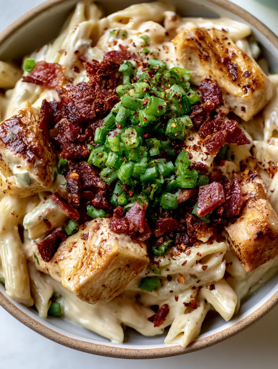 Chicken Bacon Ranch Pasta: The Ultimate Creamy Comfort Food Recipe 3 Close-up shot of Chicken Bacon Ranch Pasta in a white bowl showing the thick glossy ranch cream sauce and seared chicken.