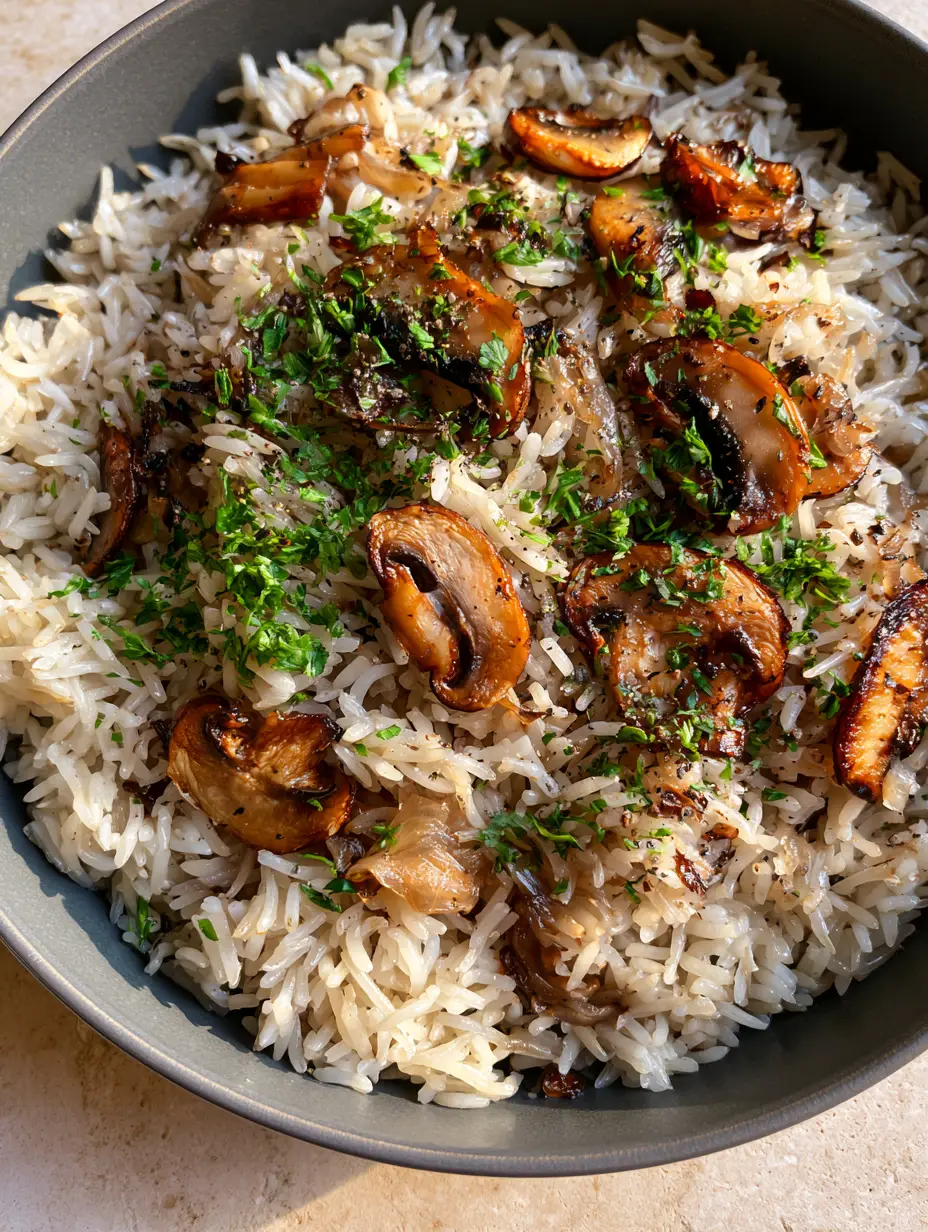 Top-down view of Mushroom Rice in a grey skillet with translucent onions and fresh parsley garnish.