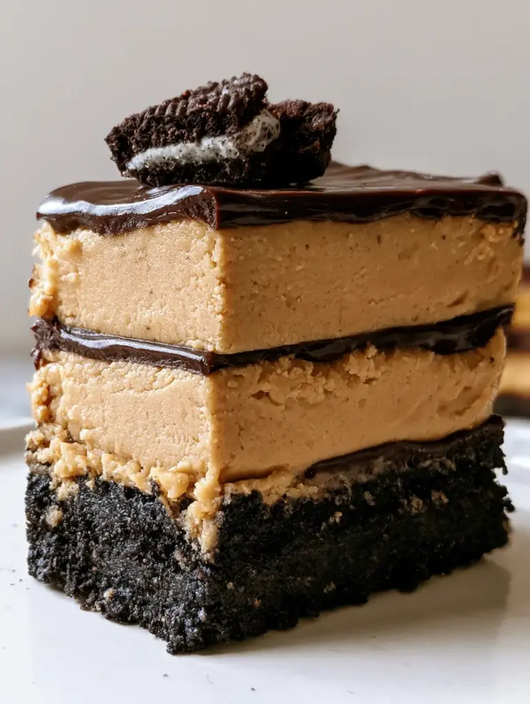 Close-up of rectangular Oreo Peanut Butter Bars stacked on a white surface with visible layers and cookie garnish. (Oreo Peanut Butter Bars)