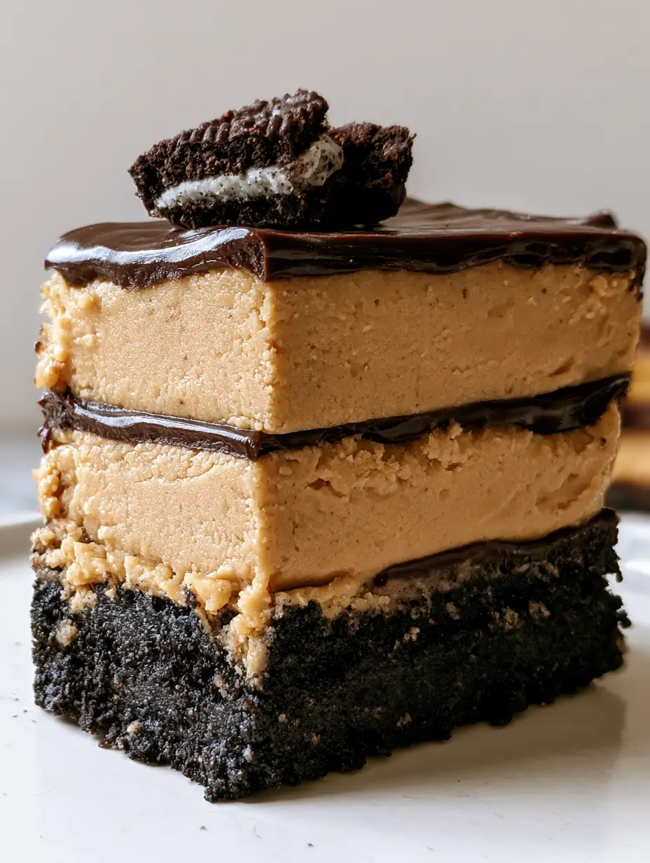 Close-up of rectangular Oreo Peanut Butter Bars stacked on a white surface with visible layers and cookie garnish. (Oreo Peanut Butter Bars)