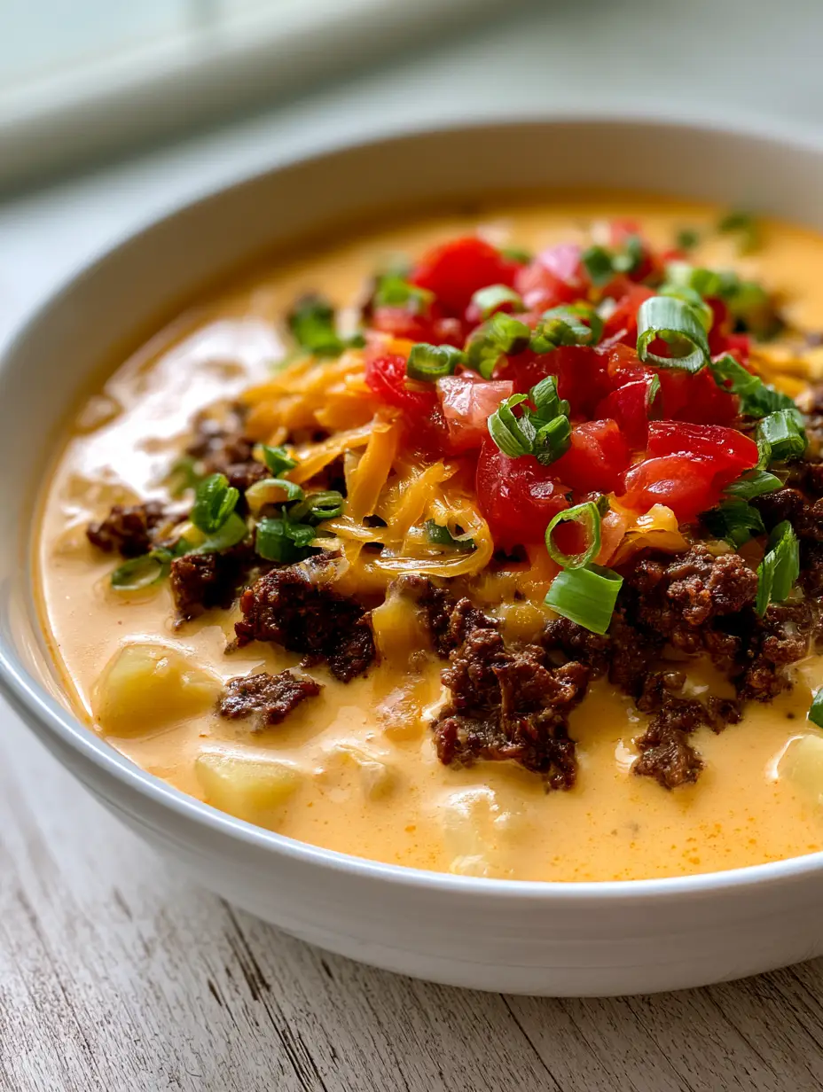 Overhead view of a white ceramic bowl filled with thick creamy cheeseburger soup and fresh vegetable toppings. (Crockpot Cheeseburger Soup)