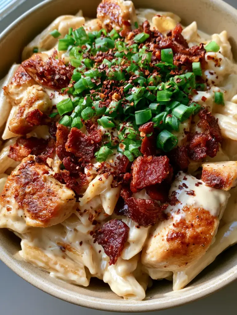 Chicken Bacon Ranch Pasta: The Ultimate Creamy Comfort Food Recipe 1 Top-down view of Chicken Bacon Ranch Pasta garnished with vibrant scallions and red pepper flakes.