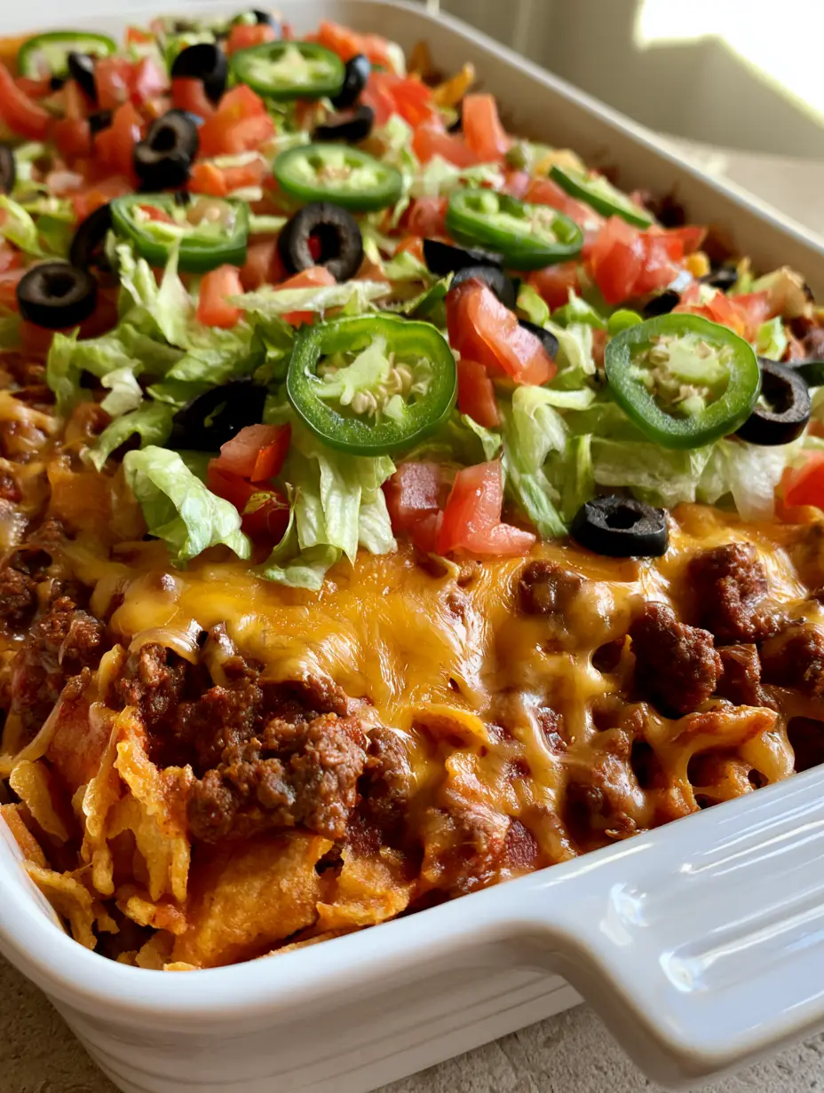 Walking Taco Casserole Recipe: The Ultimate Crunchy Family Dinner 3 A handheld smartphone photo showing the close-up texture of melted cheese and crunchy corn chips in a Walking Taco Casserole.