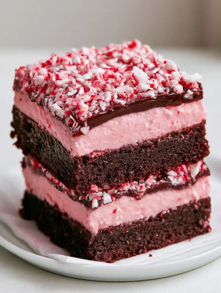 Close up of Layered Peppermint Brownies on a white surface with visible moist dark chocolate crumb and pink frosting.