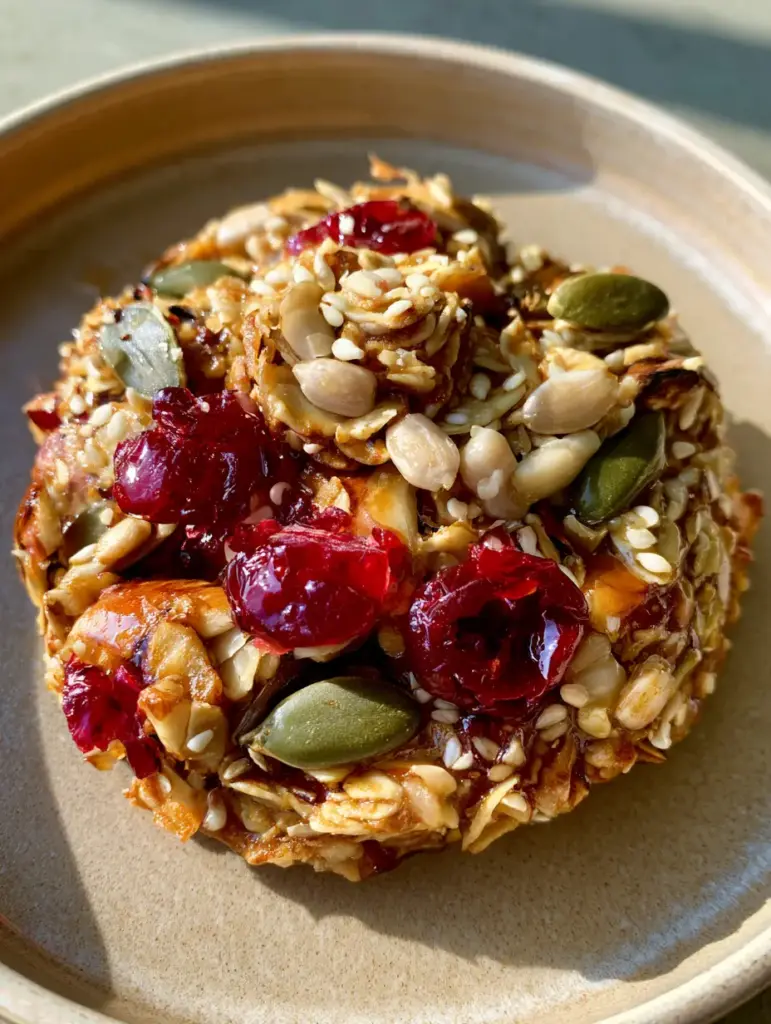 A handheld smartphone photo of a Healthy Seed Cookie featuring toasted rolled oats, whole green pumpkin seeds, and vibrant red cranberries.