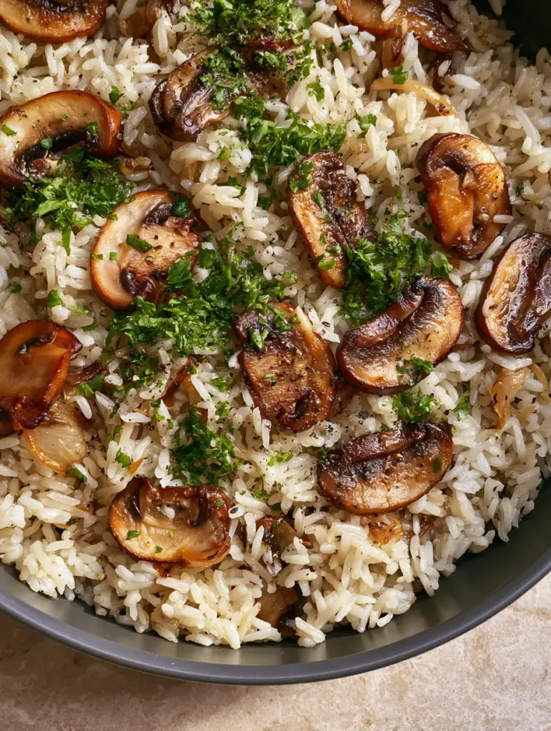 Close up shot of seared cremini mushrooms mixed into a butter-glazed Mushroom Rice dish.