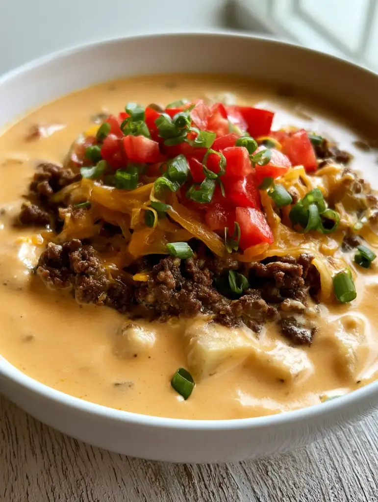 Close up of soft boiled potato chunks submerged in a pale orange cheese broth. (Crockpot Cheeseburger Soup)