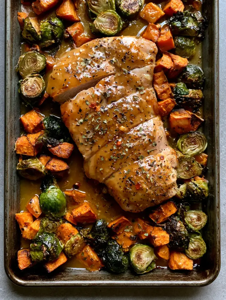 Roasted sweet potato cubes and charred Brussels sprouts surrounding glazed chicken on a dark metal pan.