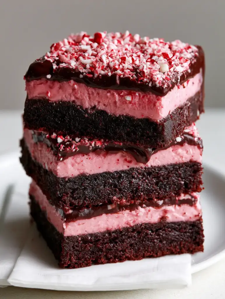 Layered Peppermint Brownies with Pink Cream Frosting and Glossy Ganache 1 Side view of Layered Peppermint Brownies highlighting the glossy ganache glaze and crushed candy cane topping.