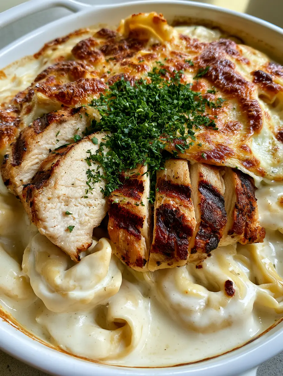 Close-up of cheese-filled tortelloni coated in creamy alfredo sauce with grilled chicken and toasted Asiago cheese. (Olive Garden Asiago Tortelloni Alfredo)