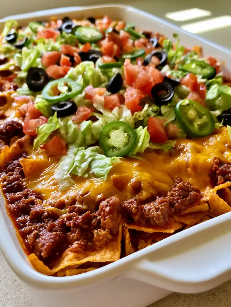 Walking Taco Casserole Recipe: The Ultimate Crunchy Family Dinner 1 A top-down view of a Walking Taco Casserole topped with vibrant shredded lettuce, diced tomatoes, black olives, and jalapenos.