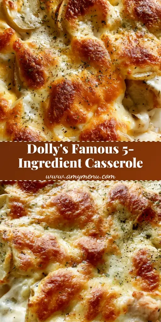 5-Ingredient Casserole with Cheesy Chicken and Potatoes 4 A top-down view of a 5-Ingredient Casserole in a white dish with a thick, bubbling cheese crust, golden-brown spots, and specks of dried parsley.