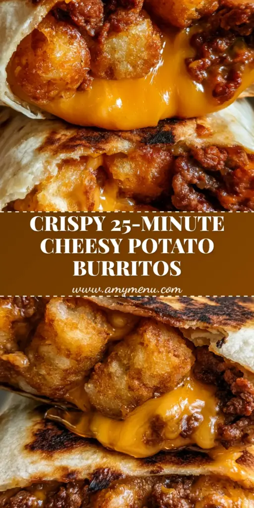 A close-up shot of two Cheesy Potato Burritos sliced in half, showing crispy golden tater tots, seasoned beef, and melted orange cheddar inside a charred tortilla.
