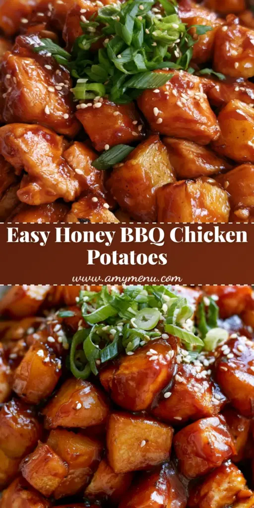 A top-down view of a shallow white ceramic bowl filled with roasted diced golden potatoes and tender chicken breast cubes coated in thick reddish-brown honey BBQ sauce with green onions and sesame seeds. (Honey BBQ Chicken Potatoes)