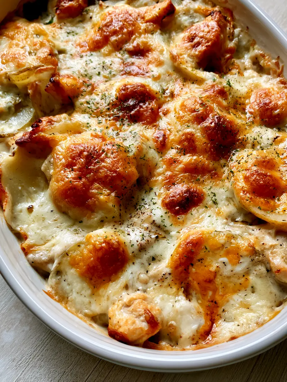 5-Ingredient Casserole with Cheesy Chicken and Potatoes 3 Close-up of melted cheddar and mozzarella cheese with toasted spots on a 5-Ingredient Casserole.