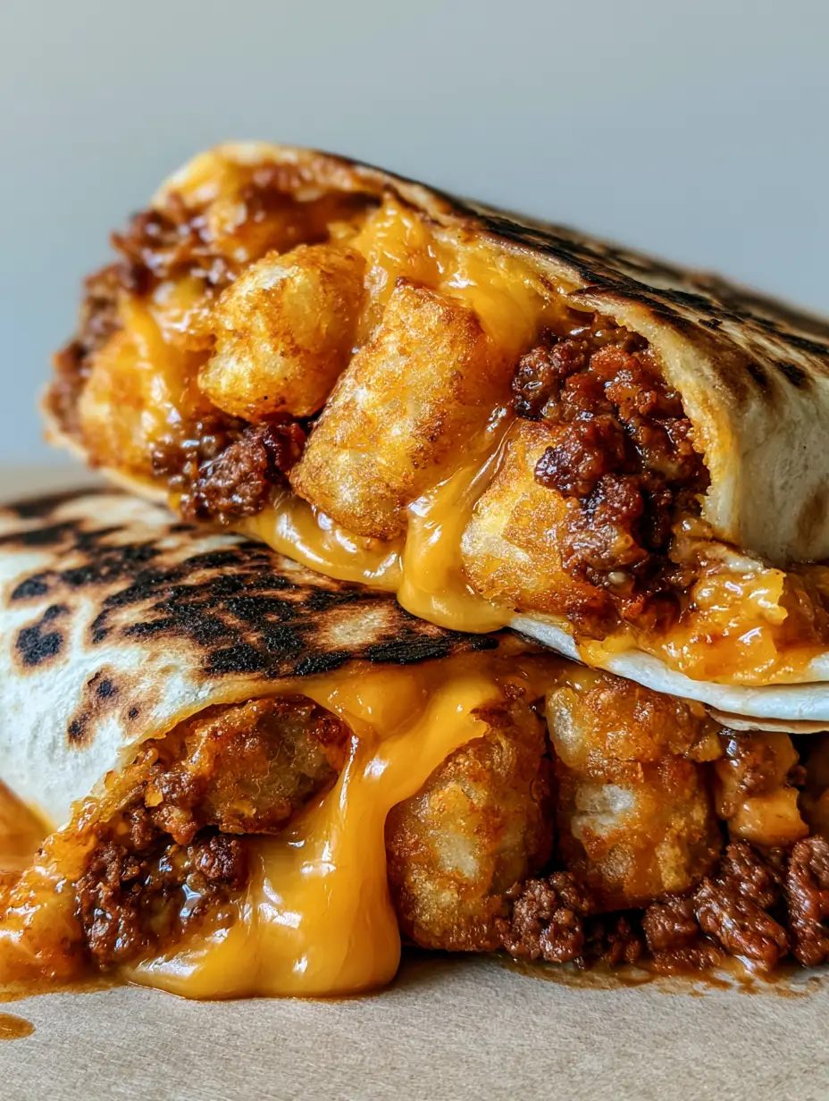 Two halves of a Cheesy Potato Burrito stacked on a grey surface, showing dark char marks on the toasted tortilla and gooey cheese filling.