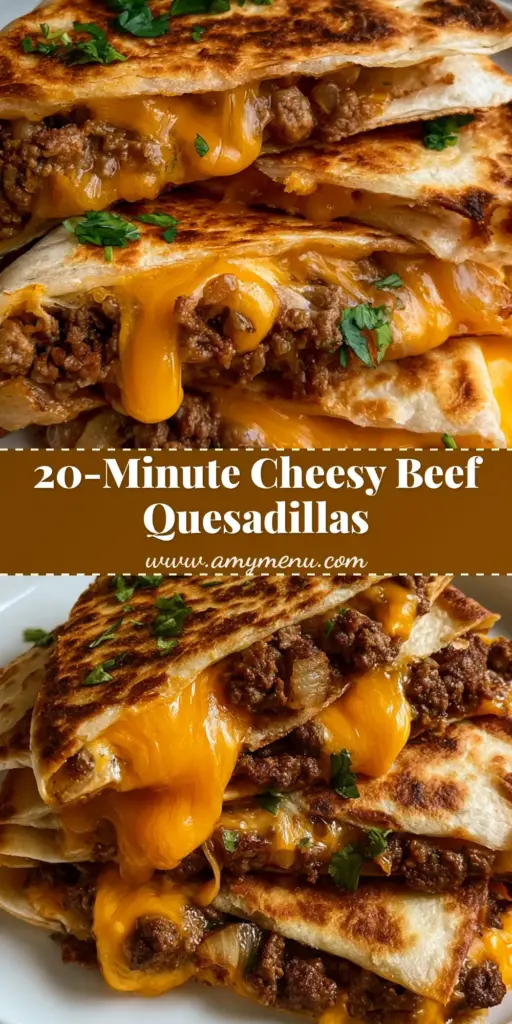 A stack of four crispy golden-brown Ground Beef Quesadillas wedges on a white plate with dripping melted orange cheddar cheese and fresh cilantro.