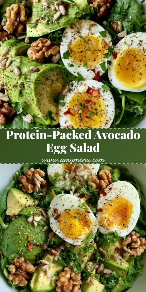 A top-down view of a vibrant Avocado Egg Salad in a white bowl featuring jammy eggs, spinach, and walnuts on a gray surface.