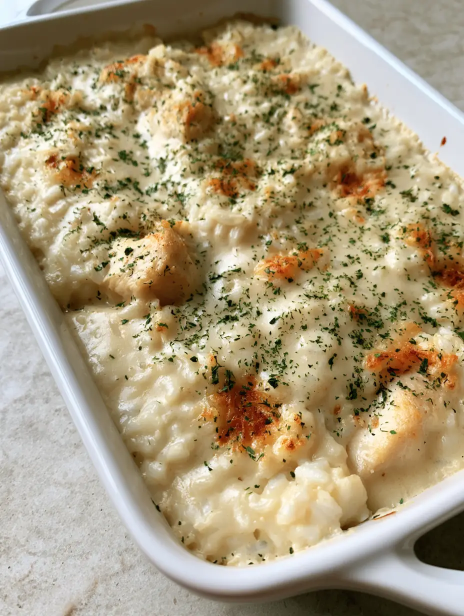 Top-down view of a creamy No-Peek Chicken Casserole with fluffy white rice and dried parsley flakes.